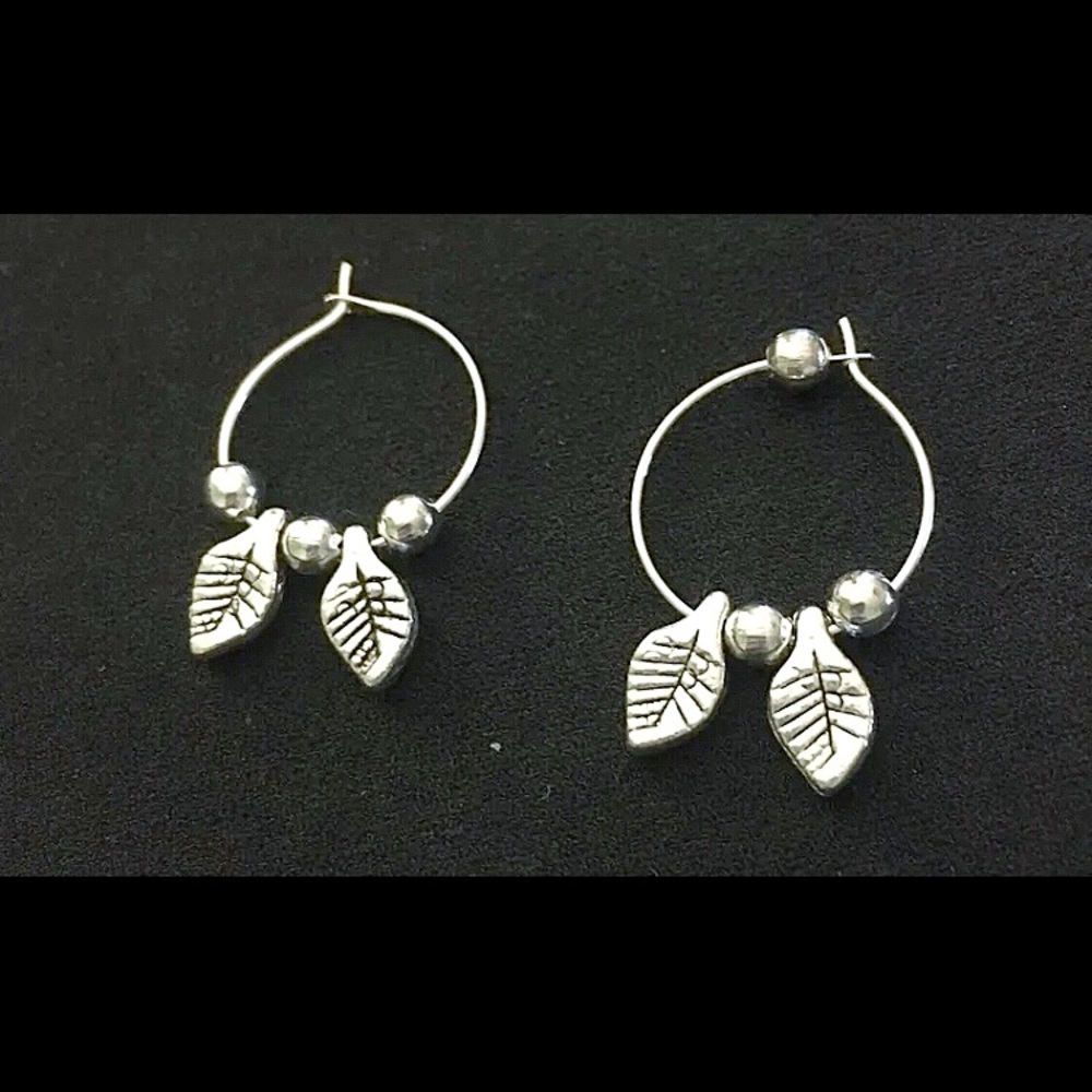 handmade small silver leaf hoops